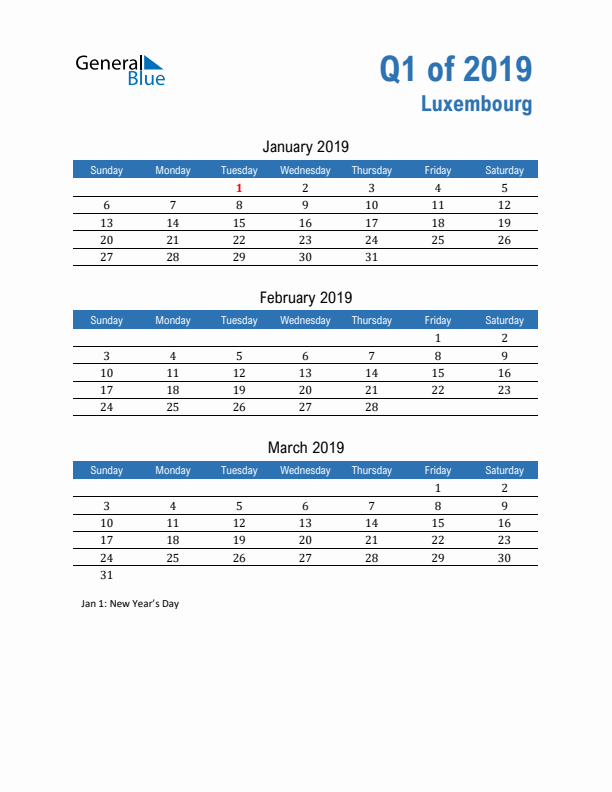 Luxembourg 2019 Quarterly Calendar with Sunday Start