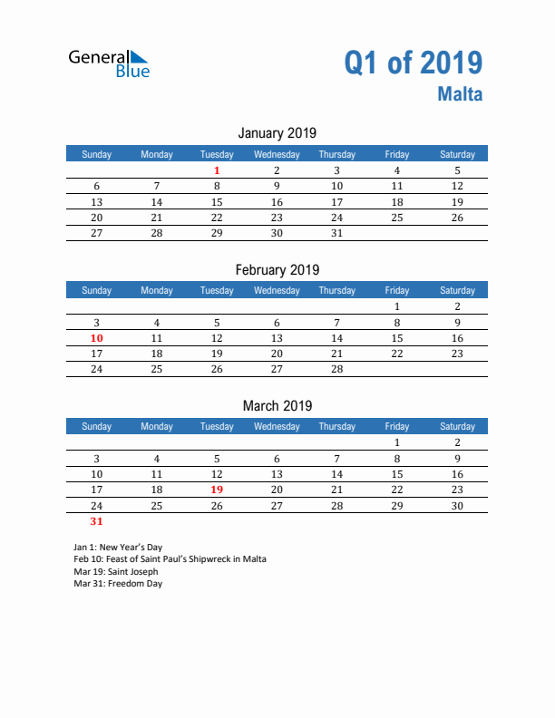 Malta 2019 Quarterly Calendar with Sunday Start