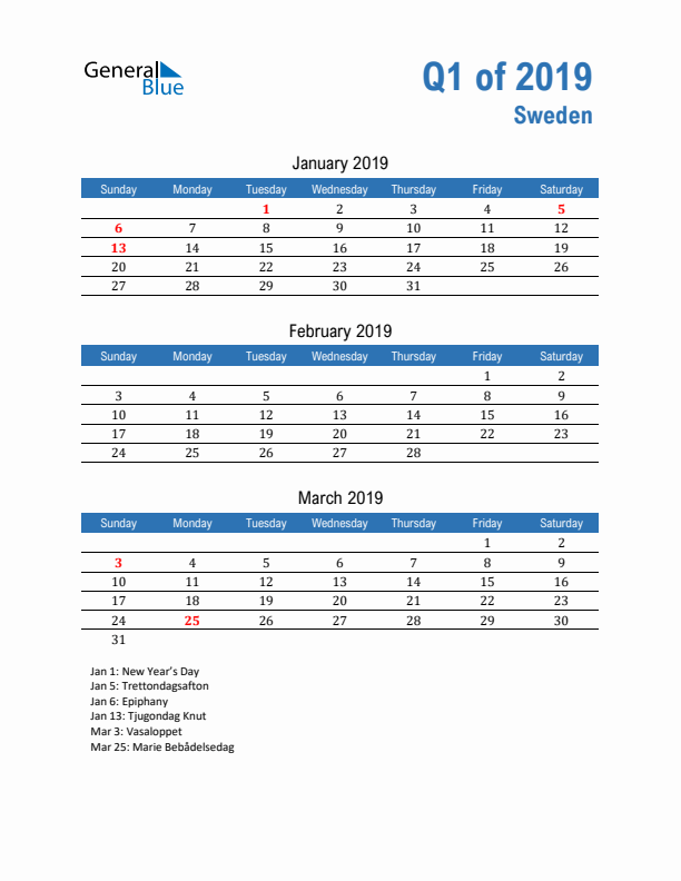 Sweden 2019 Quarterly Calendar with Sunday Start
