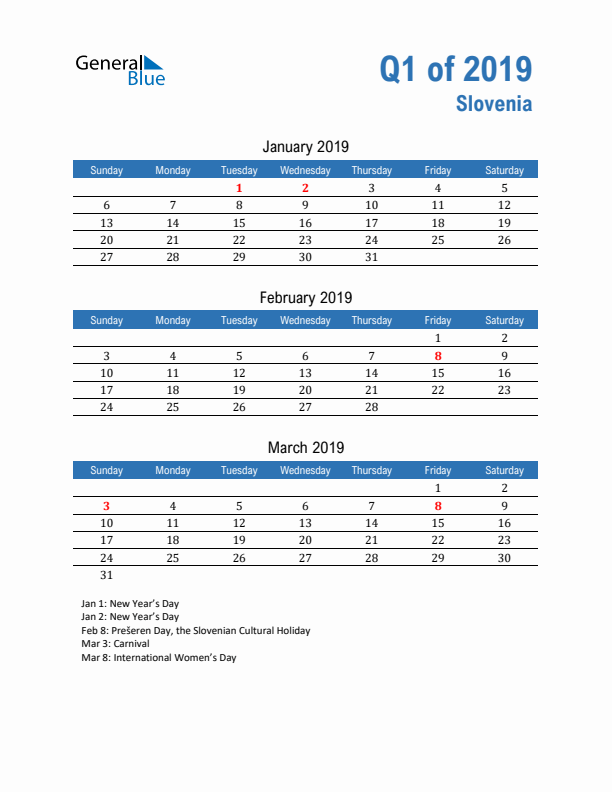 Slovenia 2019 Quarterly Calendar with Sunday Start