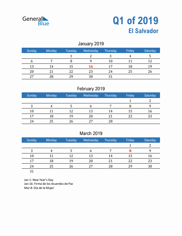 El Salvador 2019 Quarterly Calendar with Sunday Start