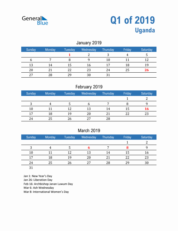 Uganda 2019 Quarterly Calendar with Sunday Start