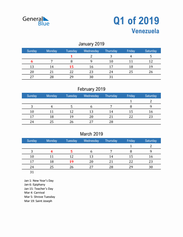 Venezuela 2019 Quarterly Calendar with Sunday Start
