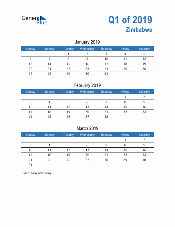 Zimbabwe 2019 Quarterly Calendar with Sunday Start