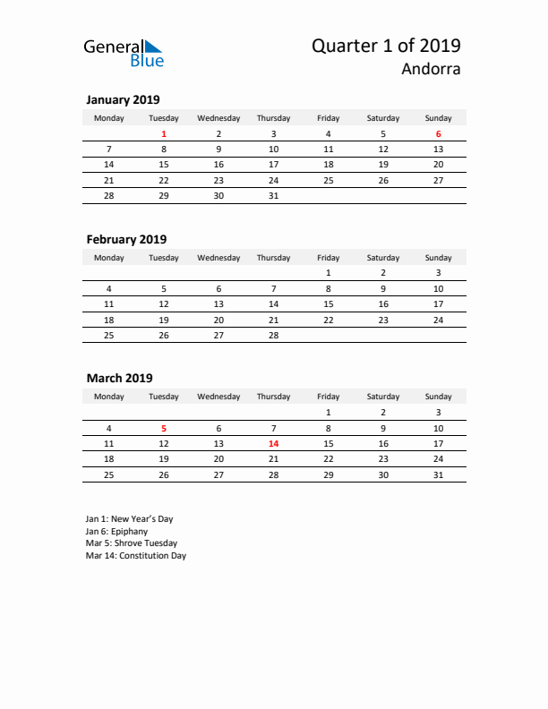 2019 Three-Month Calendar for Andorra