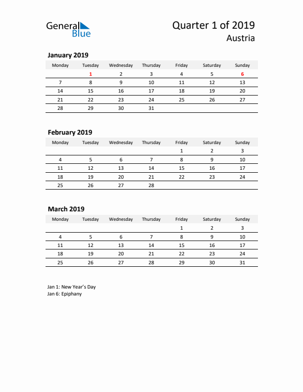 2019 Three-Month Calendar for Austria