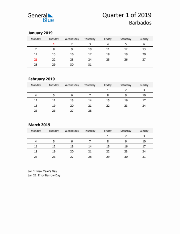 2019 Three-Month Calendar for Barbados
