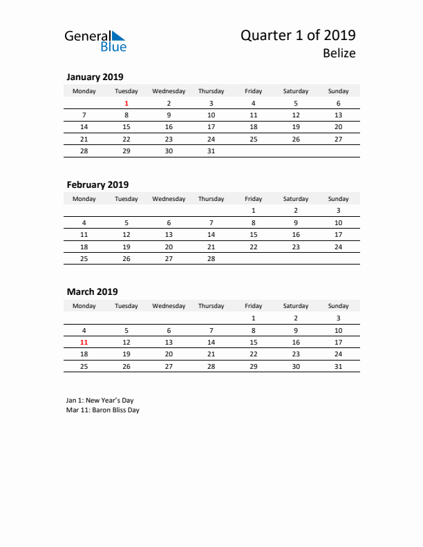 2019 Three-Month Calendar for Belize