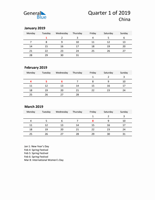 2019 Three-Month Calendar for China