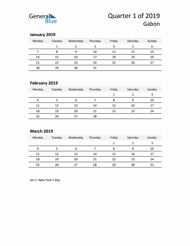 2019 Three-Month Calendar for Gabon