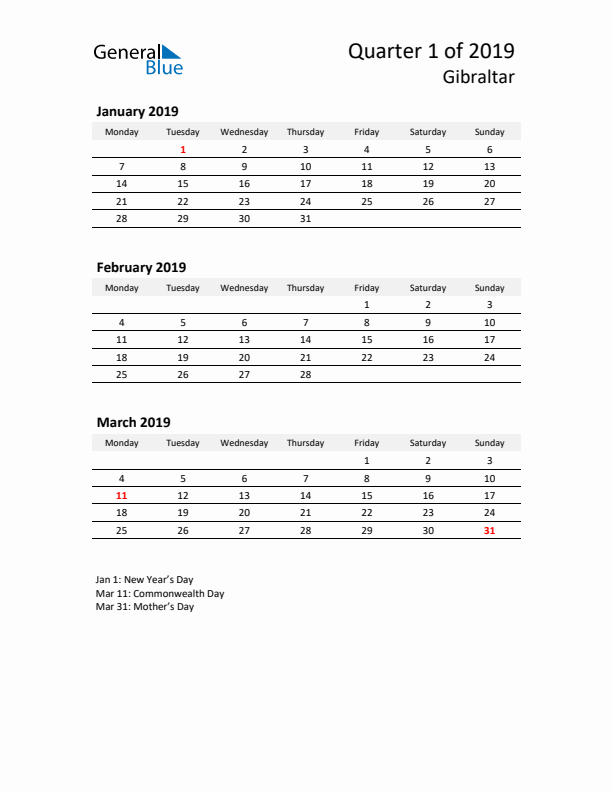 2019 Three-Month Calendar for Gibraltar