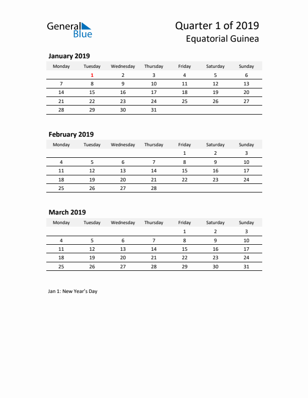 2019 Three-Month Calendar for Equatorial Guinea