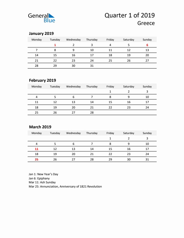 2019 Three-Month Calendar for Greece