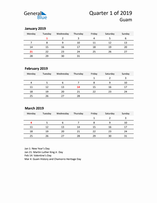2019 Three-Month Calendar for Guam