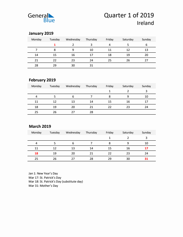 2019 Three-Month Calendar for Ireland