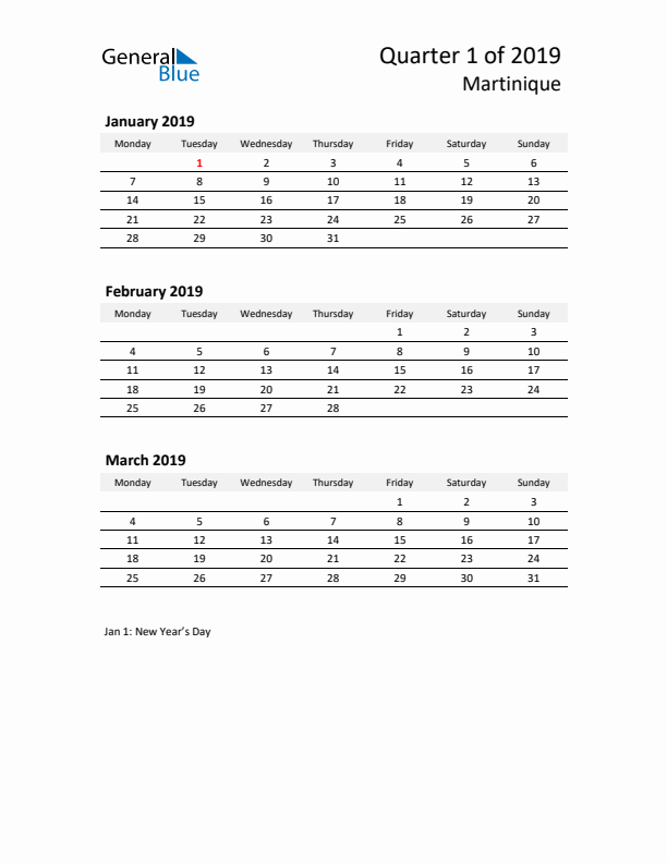 2019 Three-Month Calendar for Martinique
