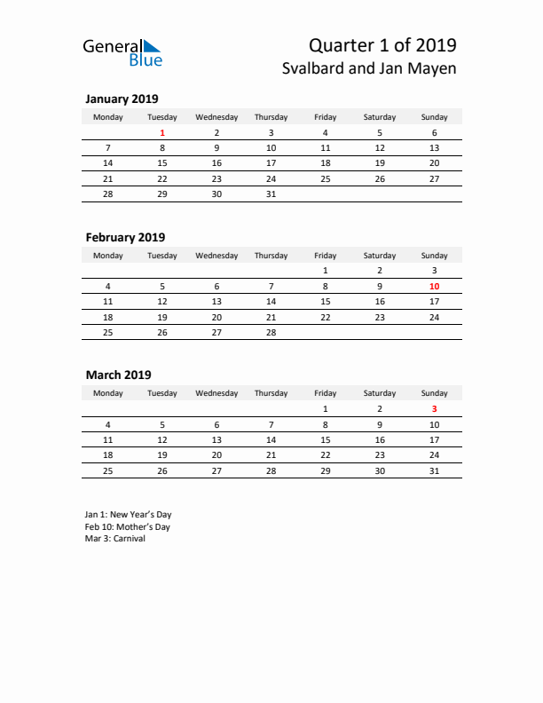 2019 Three-Month Calendar for Svalbard and Jan Mayen