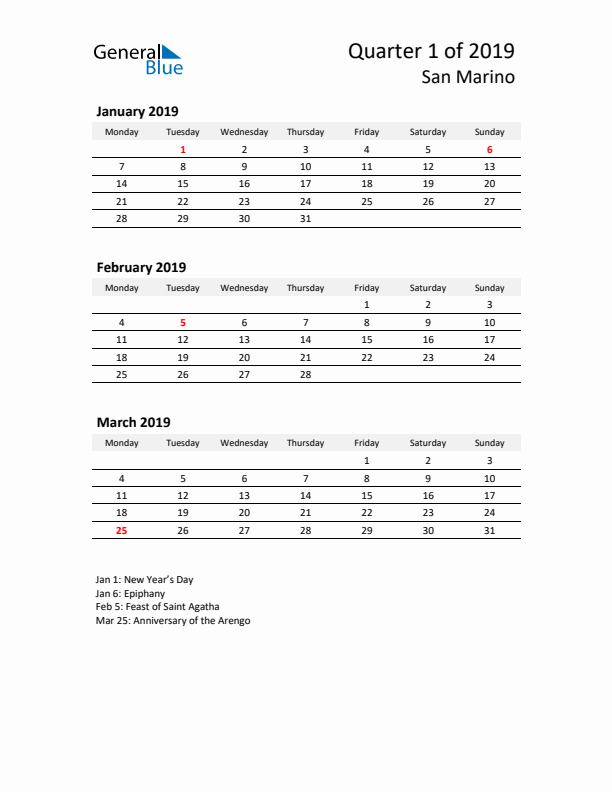 2019 Three-Month Calendar for San Marino