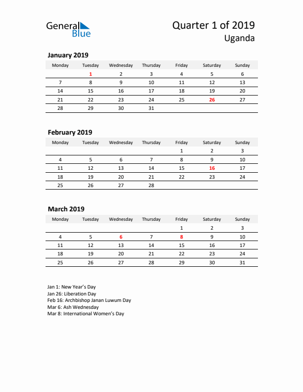 2019 Three-Month Calendar for Uganda