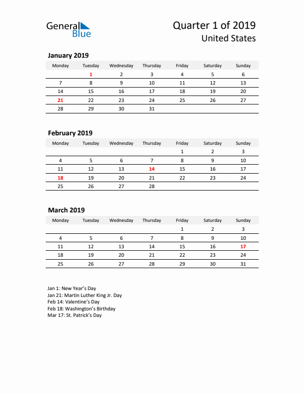 2019 Three-Month Calendar for United States