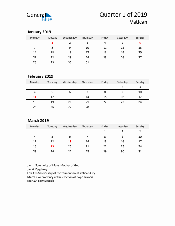 2019 Three-Month Calendar for Vatican