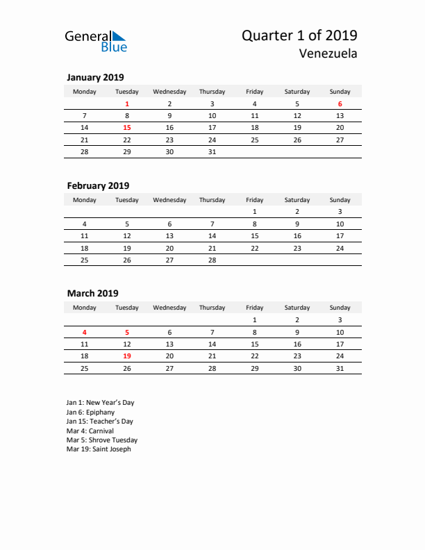 2019 Three-Month Calendar for Venezuela