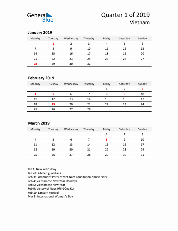 2019 Three-Month Calendar for Vietnam