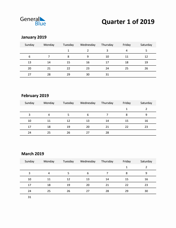 2019 Three-Month Calendar (Quarter 1)
