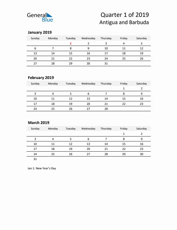2019 Three-Month Calendar for Antigua and Barbuda