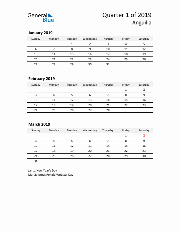 2019 Three-Month Calendar for Anguilla