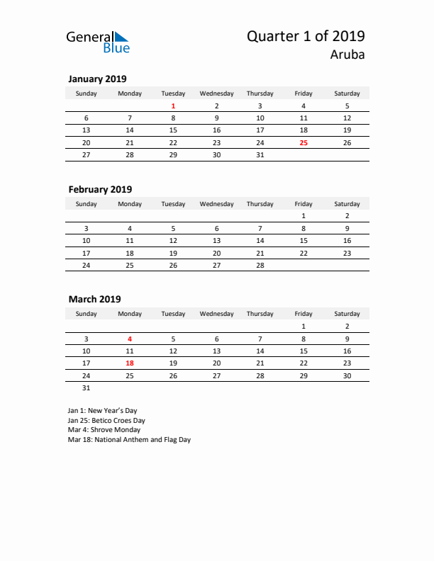 2019 Three-Month Calendar for Aruba
