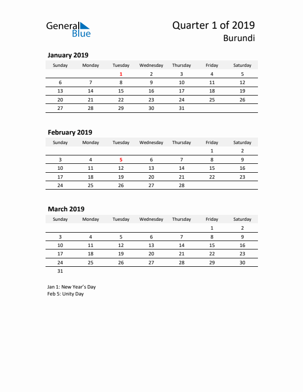 2019 Three-Month Calendar for Burundi