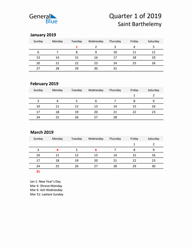 2019 Three-Month Calendar for Saint Barthelemy