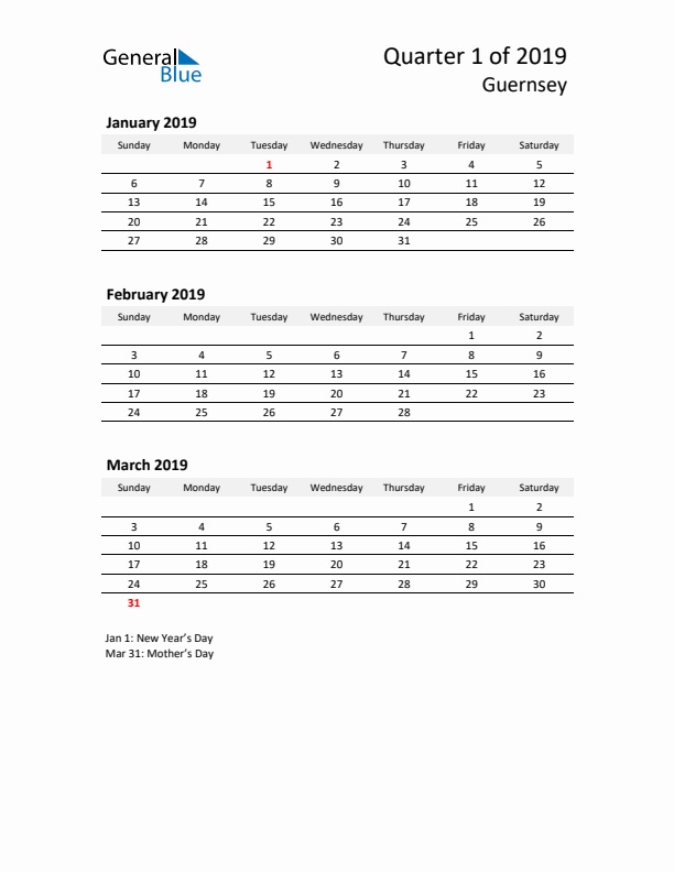 2019 Three-Month Calendar for Guernsey
