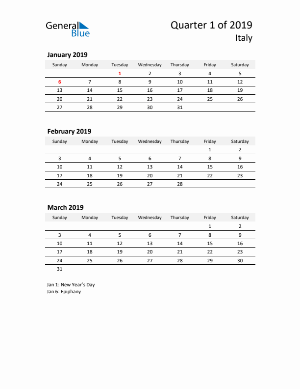 2019 Three-Month Calendar for Italy