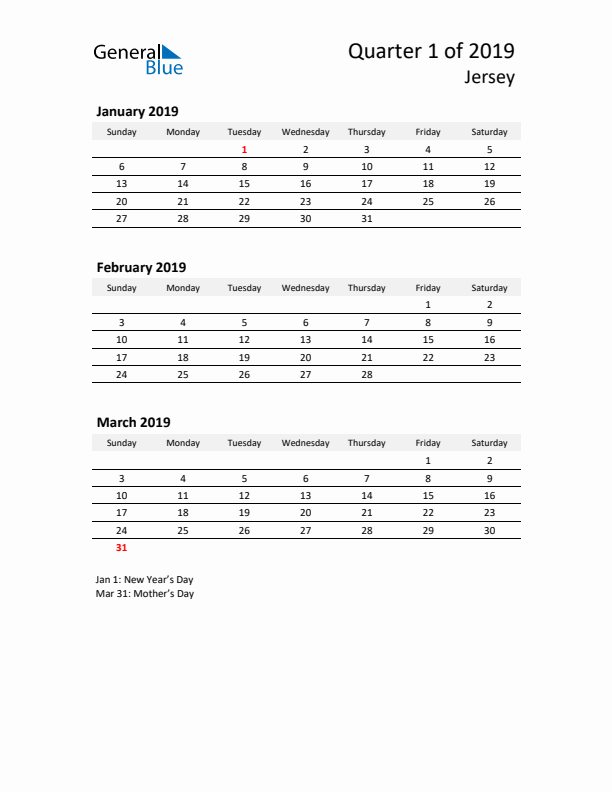 2019 Three-Month Calendar for Jersey
