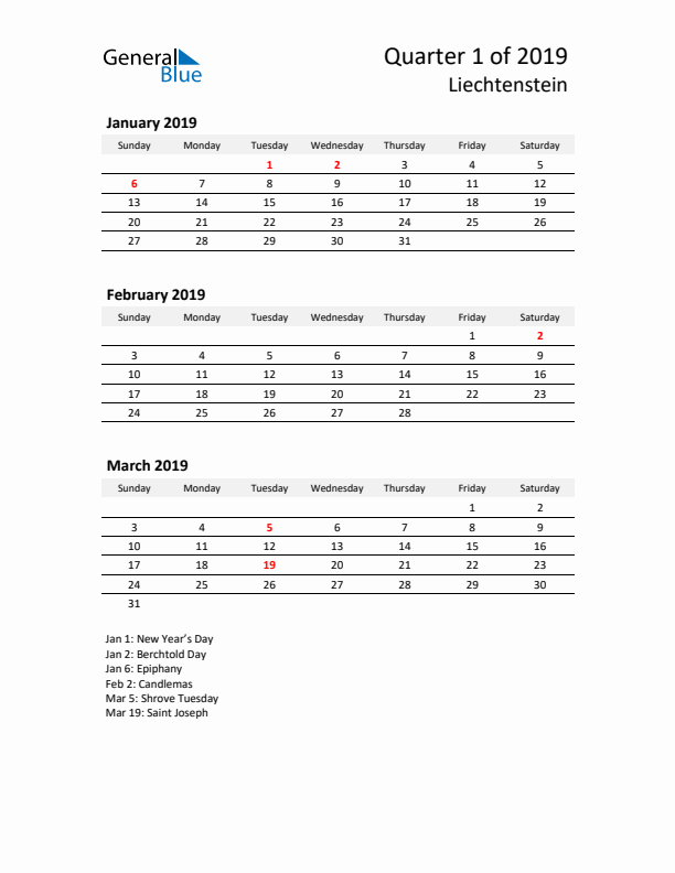 2019 Three-Month Calendar for Liechtenstein