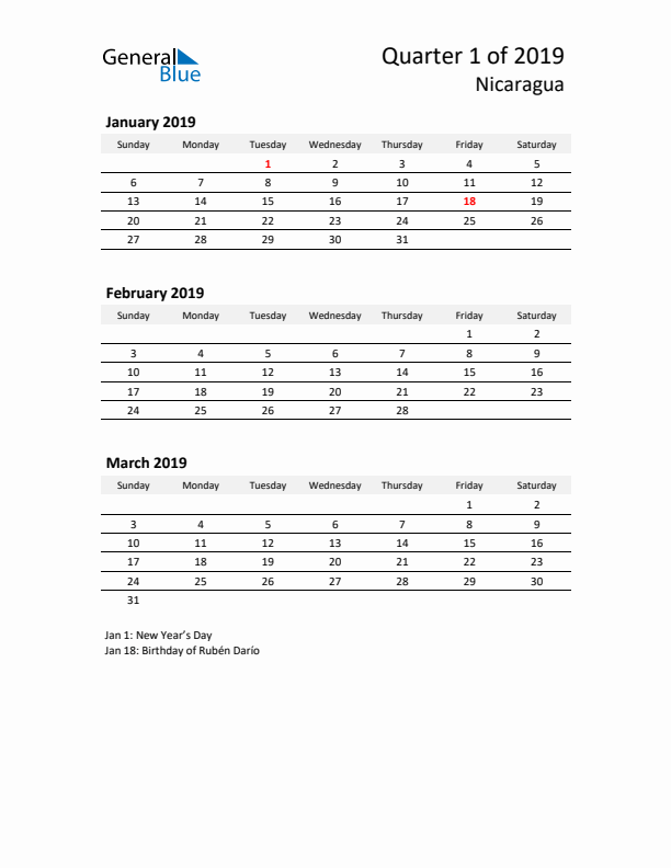2019 Three-Month Calendar for Nicaragua
