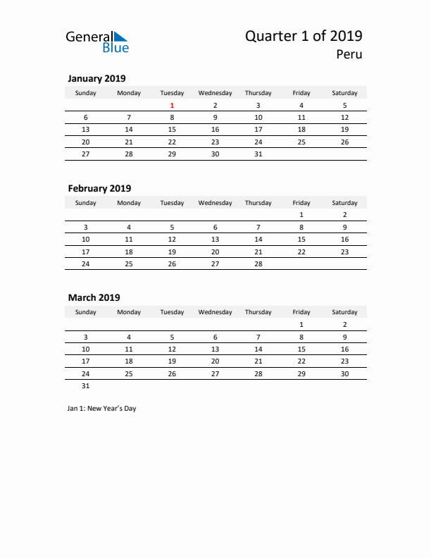 2019 Three-Month Calendar for Peru