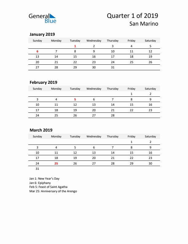 2019 Three-Month Calendar for San Marino