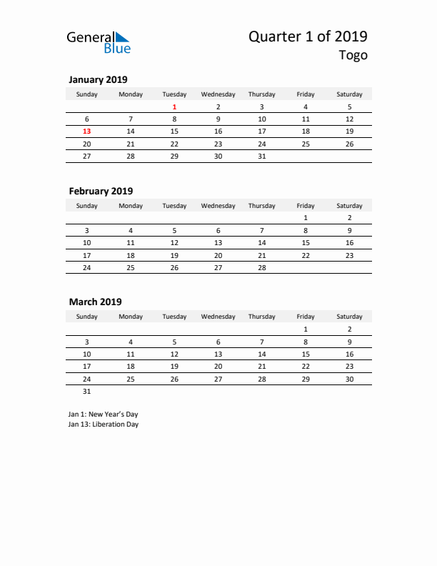 2019 Three-Month Calendar for Togo