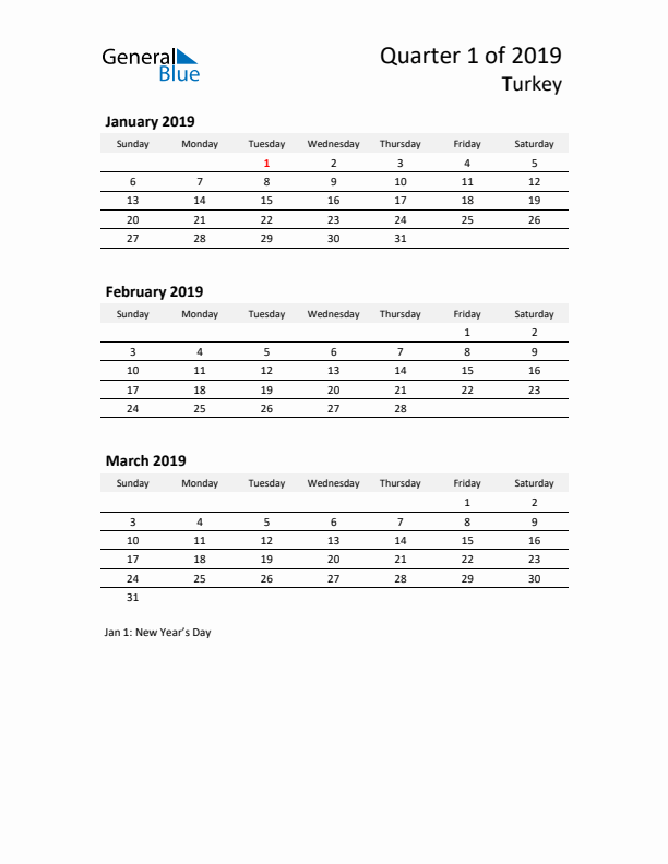 2019 Three-Month Calendar for Turkey