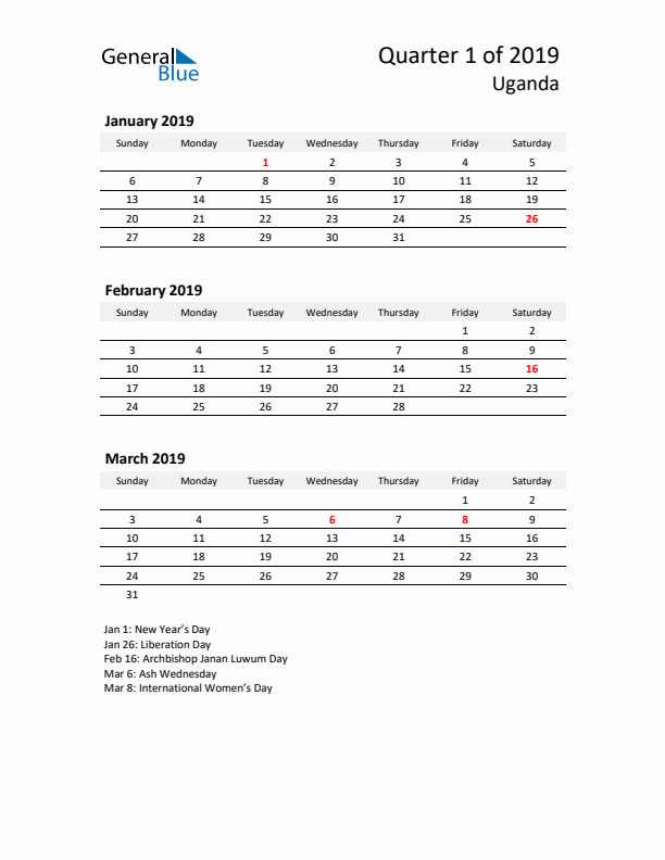 2019 Three-Month Calendar for Uganda