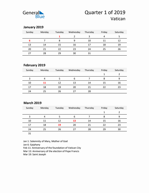 2019 Three-Month Calendar for Vatican