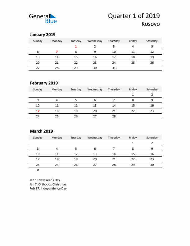 2019 Three-Month Calendar for Kosovo