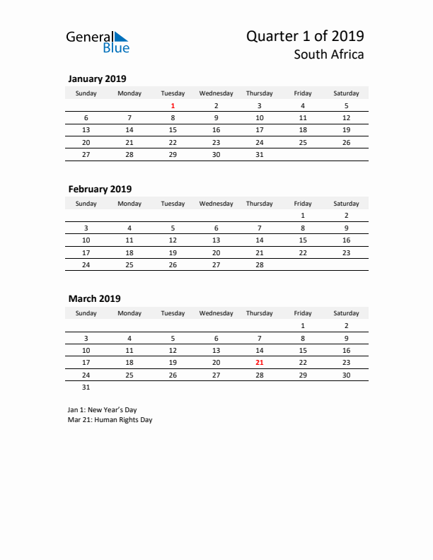 2019 Three-Month Calendar for South Africa