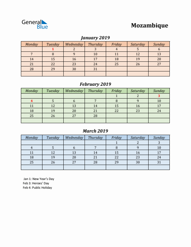 Q1 2019 Holiday Calendar - Mozambique