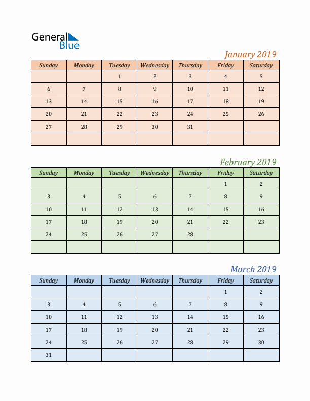 Three-Month Calendar for Year 2019 (January, February, and March)