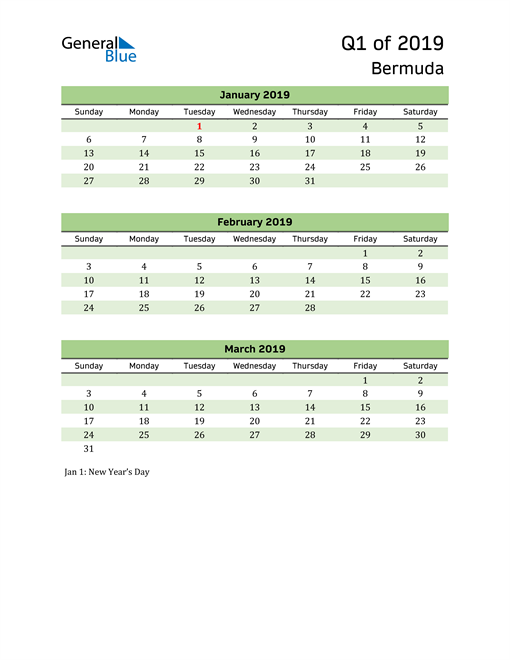  Quarterly Calendar 2019 with Bermuda Holidays 