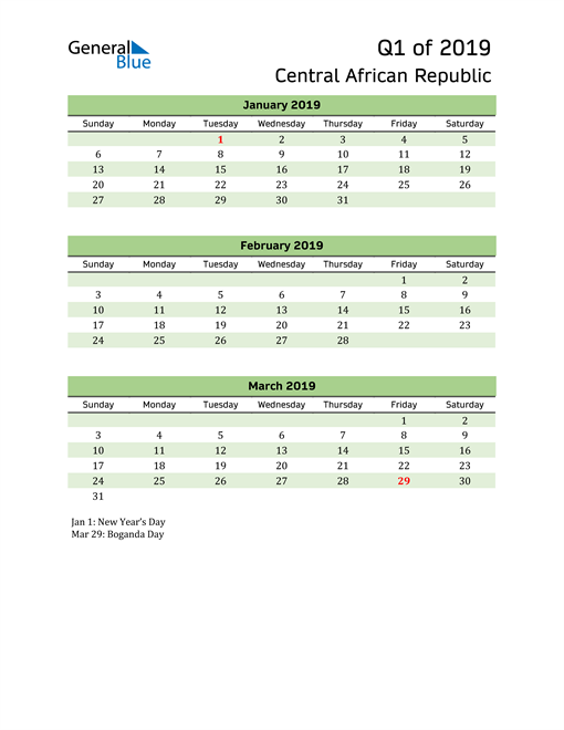  Quarterly Calendar 2019 with Central African Republic Holidays 